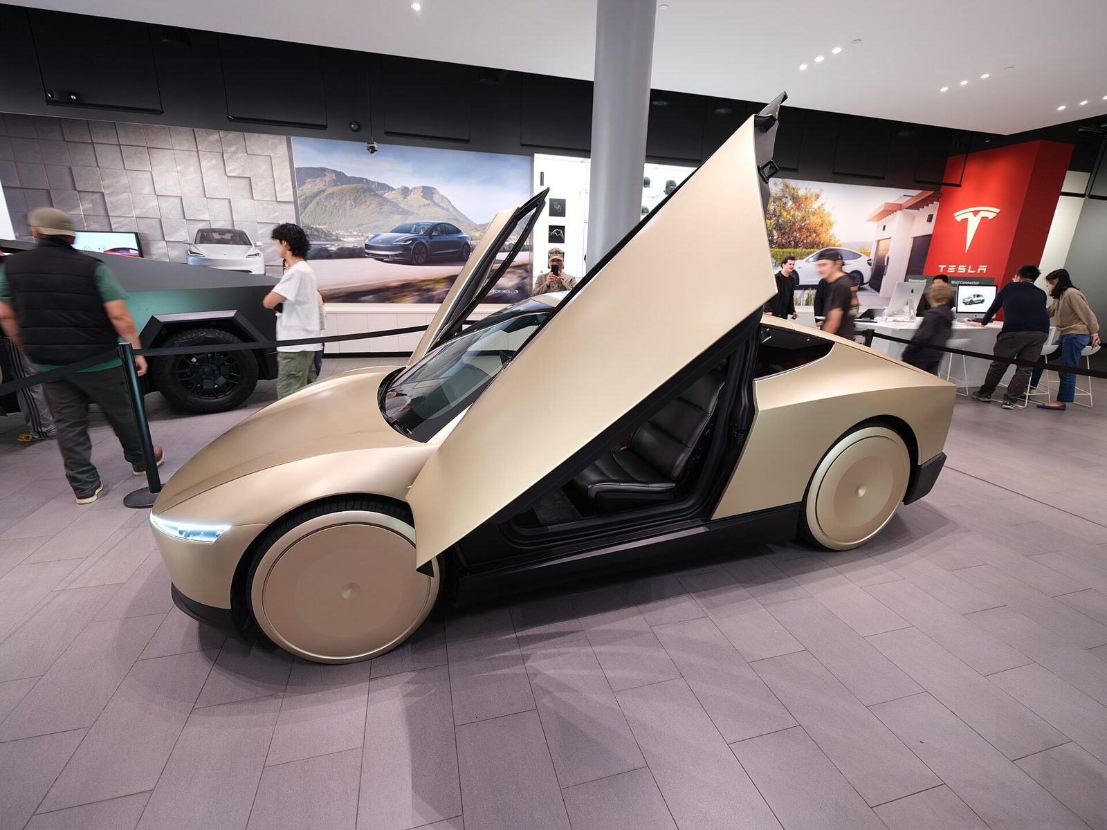 Tesla Cybercab autonomous robotaxi shown from an oblique front angle