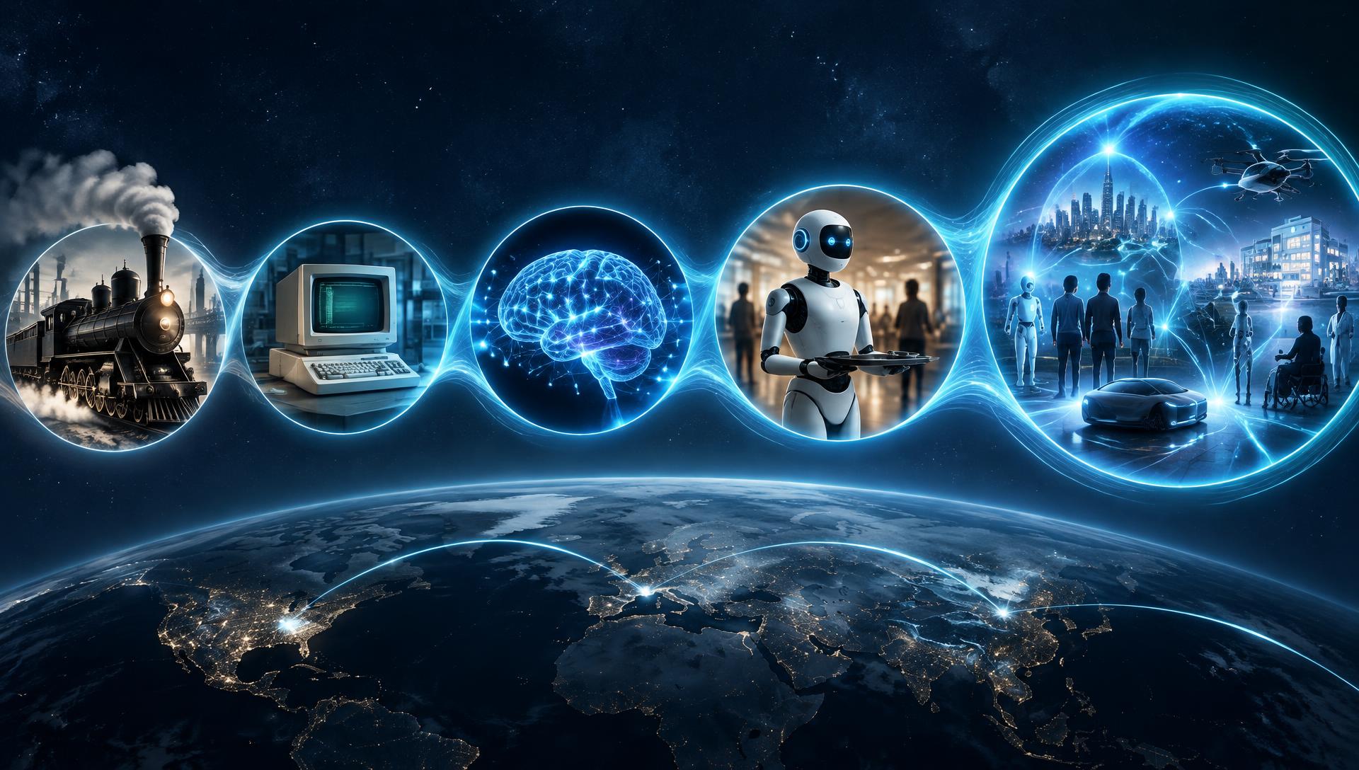 Five glowing eras of computing: a steam locomotive, a vintage computer, a neural network brain, a service robot, and an orchestrated network of people, robots, and vehicles